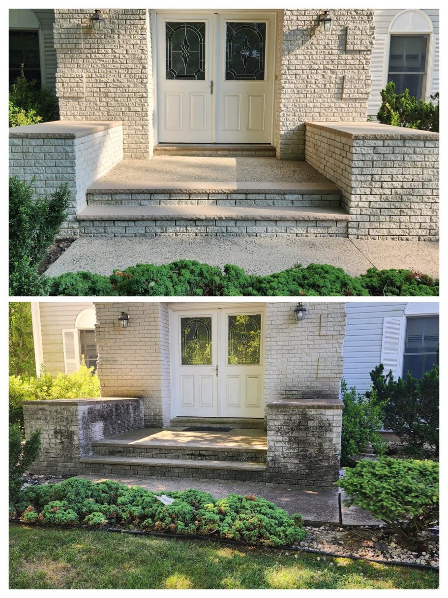 Before and after showing clean and dirty steps and landscaping at an entrance.
